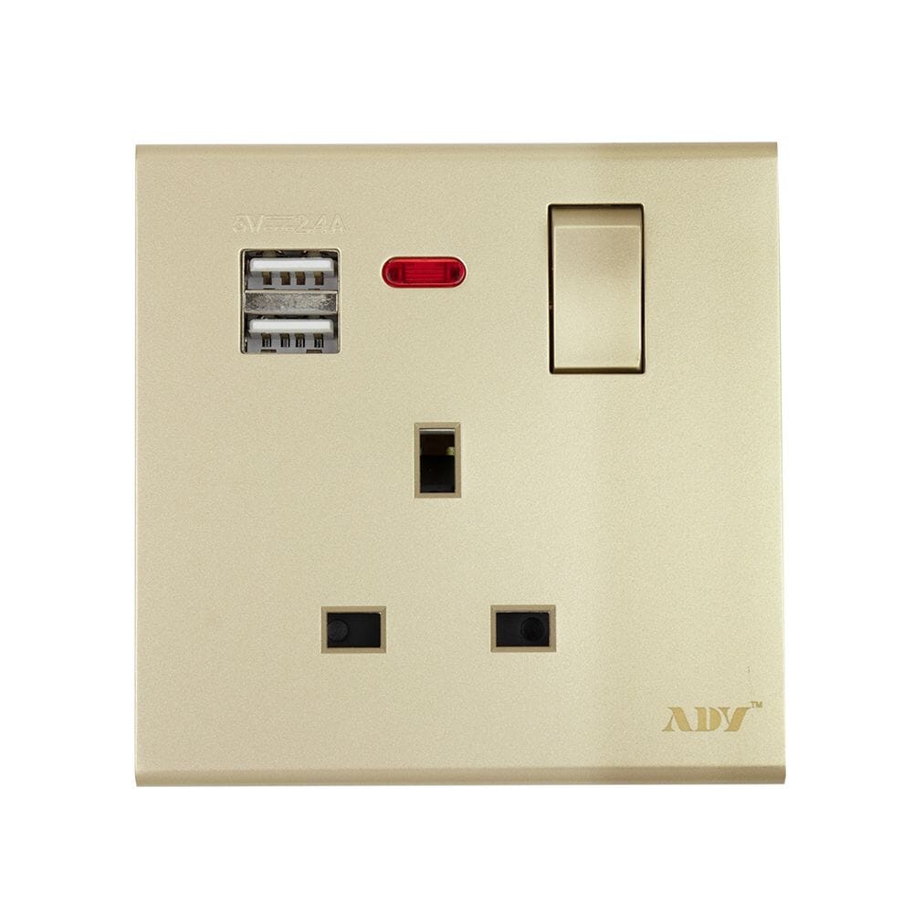 ADY مقبس حائط ثلاثي K11ZBSL-2USB-13 مع مفتاح تشغيل ومنفذين يو اس بي 13 أمبير - ذهبي
