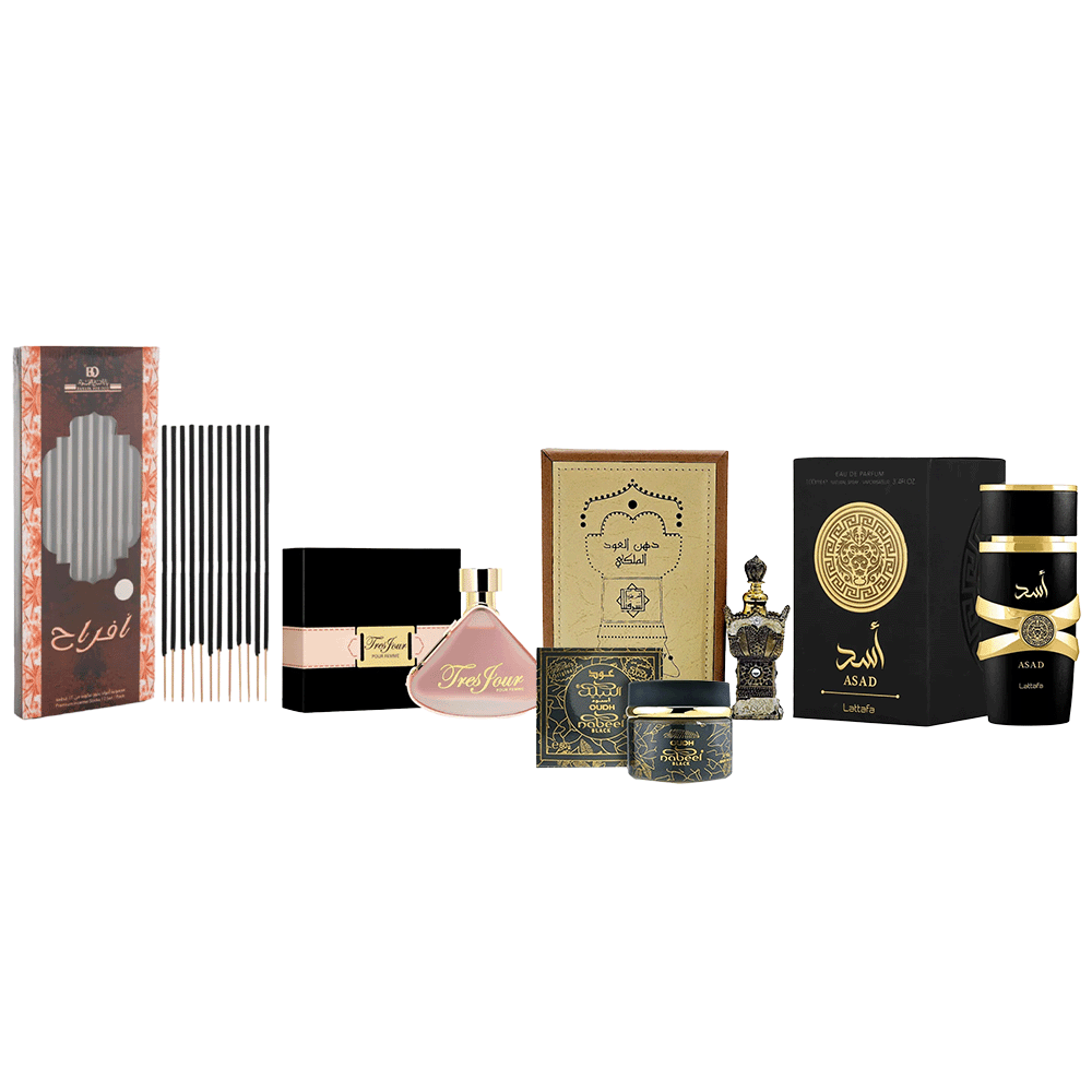 باكج5×1أرماف عطر تريس جور بور فيم أو دو بارفان للنساء - 100 مل،النبيل عود أسود - 60 جم،بانافع بخور افراح ند - 12 عود،الشرقية عطر دهن العود الملكي المركز للجنسين - 12 مل،لطافة عطر أسد أودي بارفان للرجال - 100 مل