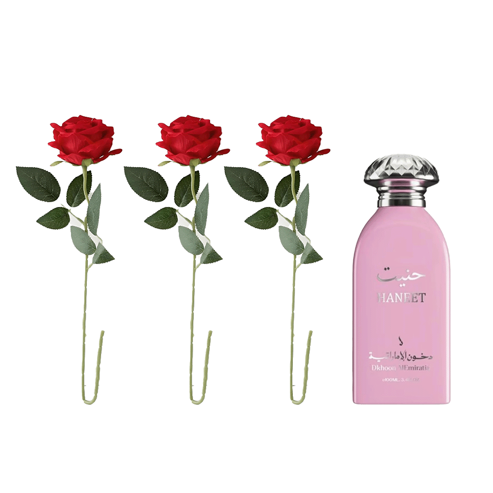 باكج عطر حنيت من دخون الإماراتية أو دي برفيوم للنساء 100 مل 3 ورود صناعية حمراء