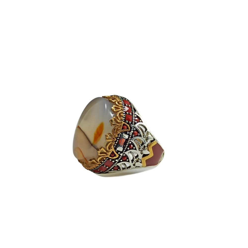 خاتم فضة عيار 925 مع حجر مزهر عقيق يماني